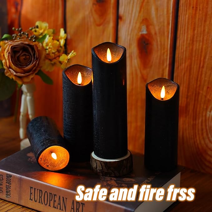 Flickering Flameless Candles with Remote Control and Timer Set of 5 Pc Real Wax LED Pillar Candles, Battery Operated Candles(D2.2×H5/5.5"/6"/7"/8") Home Decor Flameless Candles(Black)