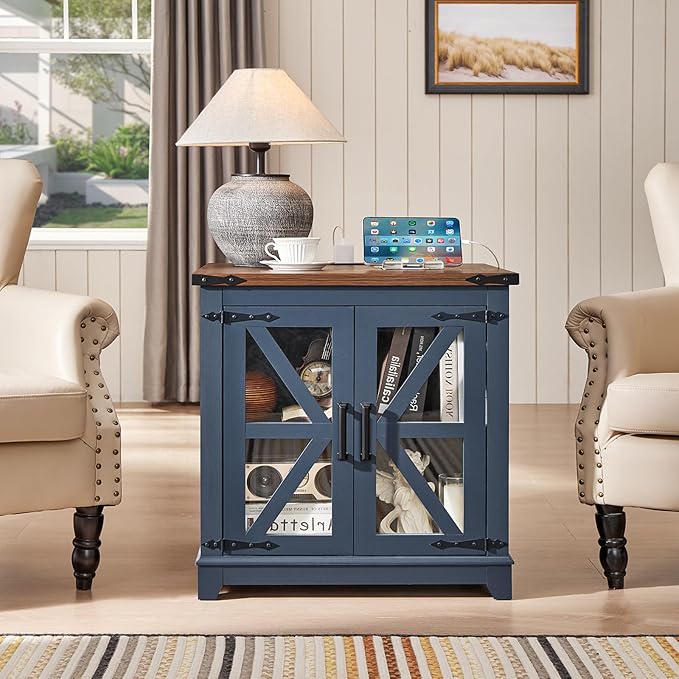 Farmhouse End Table Set of 2,24" Large Sofa Side Table with Charging Station Glass Barn Door,Wood Nightstand with Adjustable Storage Shelf,Square Bedside Table for Living Room,Bedroom,Office-Blue