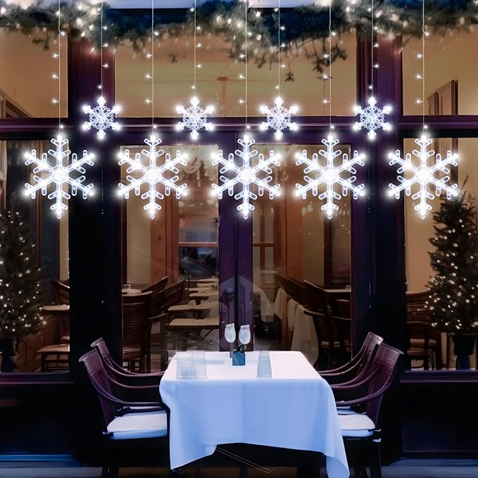 Christmas Snowflake Lights Decorations, 5.3FT Remote&Time 8 Light Mode with Battery Powered 112 White LED Window Curtain Lights for Tree, Eaves, Garden, Yard, Indoor Outdoor Xmas Lamp Decor