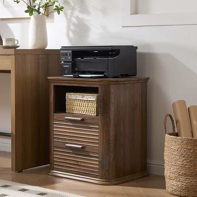 Okvnbjk 22" Fluted Night Stand with Charging Station, Modern End Table with 2 Drawers & Open Storage, Stylish Bedside Table for Living Room, Bedroom, Side Tables Curved Profile Design, Dark Walnut