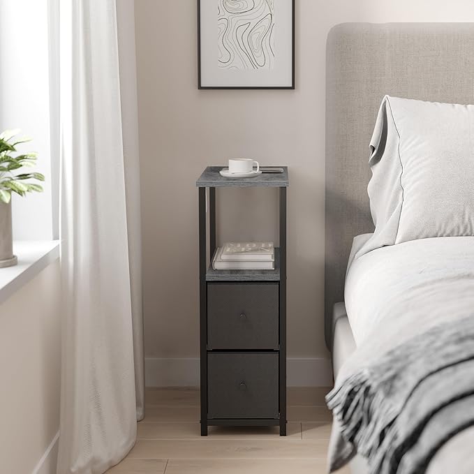TUTOTAK Small Narrow End Table, Set of 2, Side Table, Nightstand with 2 Cloth Drawers, Couch Table, for Living Room, Bedroom, Bedside, Charcoal Grey TB01BY054