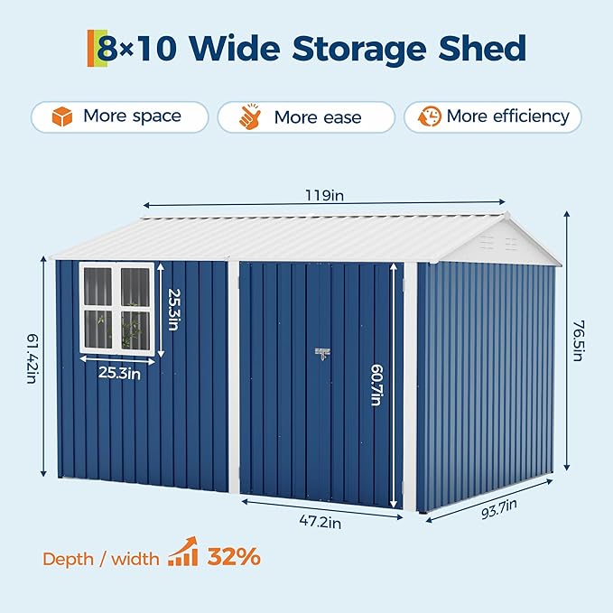 8x10 FT Outdoor Storage Shed,Metal Tool Shed with Clear Window, Lockable Doors,Large Garden Storage Box with Sloping Roof,Sheds&Outdoor Storage for Backyard Garden Patio Lawn, Navy Blue