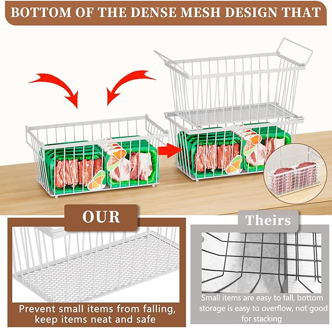 Freezer Organizer Bins ,Upgraded Bottom Leak-Proof net,4 Pack,Encryption and Hardening ,Deep Freezer Organizer Bins for 5 to 7 Cu.FT Small Chest Freezer, Easy Get Bottom Foods(white)