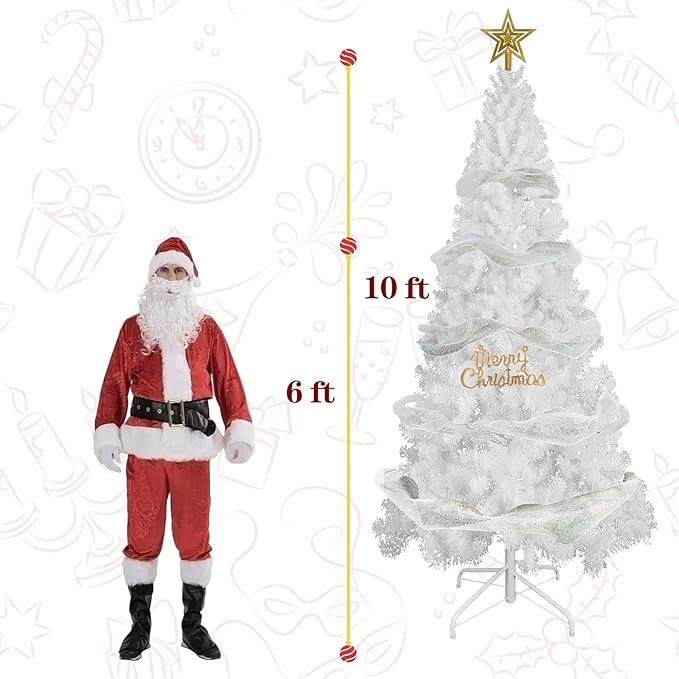 10FT Artificial Christmas Tree, Full Premium Hinged Artificial Pine Tree with 1850 Branch Tips Metal Stand for Outdoor & Indoor (White)