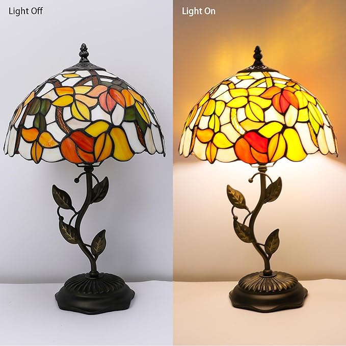 Stained Glass Table Lamp, Flower Style Lampshade & Metal Leaf Antique Base Desk Reading Light 12X12X19 Inches Decor for Bedroom Living Room Office