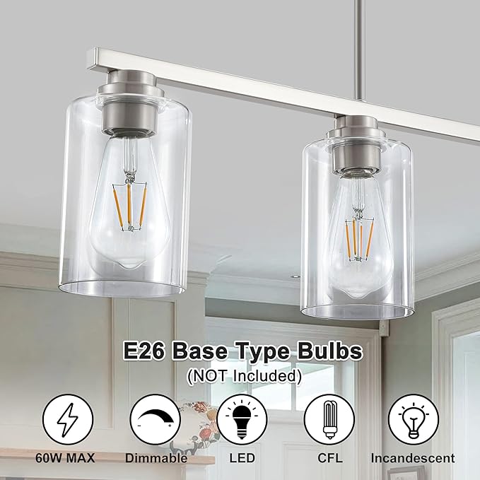 Island Light for Kitchen, Brushed Nickel Dining Room Light Fixture Over Table, 4-Light Linear Chandelier Pendant Lighting for Dining Table Kitchen Island Living Room