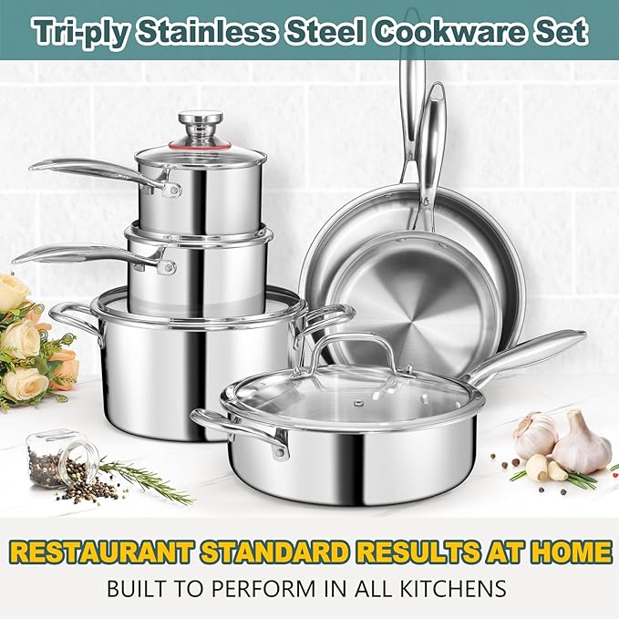 P&P CHEF 3-Ply Stainless Steel Cookware Set of 6, 10-Pieces Pots and Pans Sets Stainless Steel for Kitchen, Induction Multi Cooktops & Oven, Dishwasher Safe, Frying Pans, Saucepans, Saute Pan & Pot