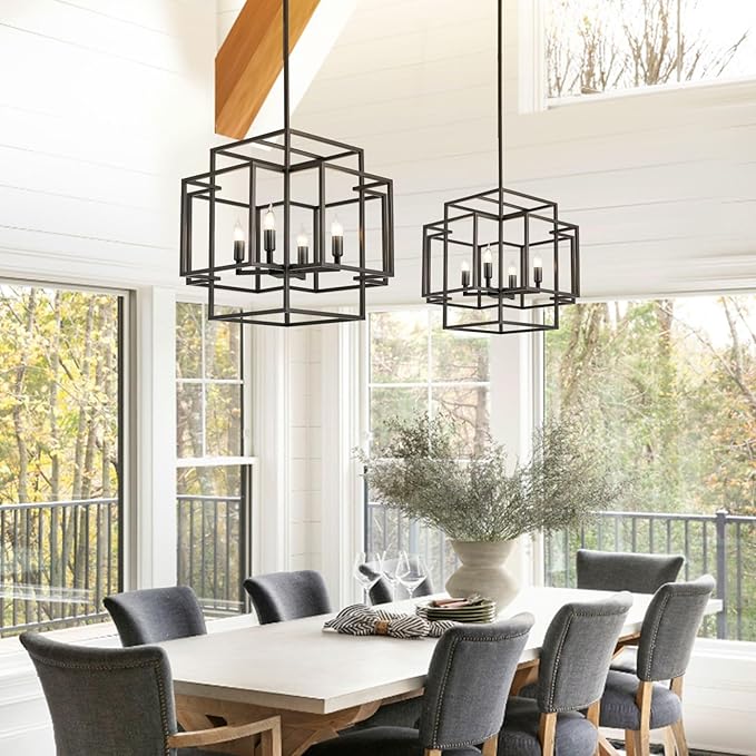 WJShome 16.5" Black Chandelier, 4-Light Farmhouse Foyer Lighting Fixtures, Modern Industrial Ceiling Lantern Pendant Light Large Chandeliers for High Ceilings, for Dining Room, Entryway, Staircase