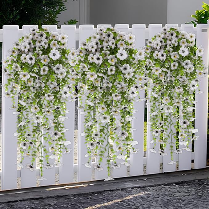 EROCK Artificial Flowers for Outdoors, 4PCS Fake Silk Hanging Flowers for Decoration UV & Fading Resistant, Realistic Faux Plants & Flowers for Porch Patio Balcony Window Box Home Decor (White)