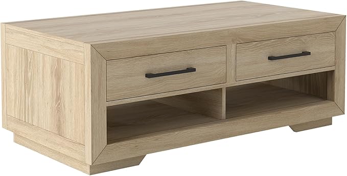 48" Coffee Table with 4 Storage Drawers and Open Shelf, Metal Handles, Solid Rectangular Modern Luxury Farmhouse Table for Living Room, Home Office, Natural