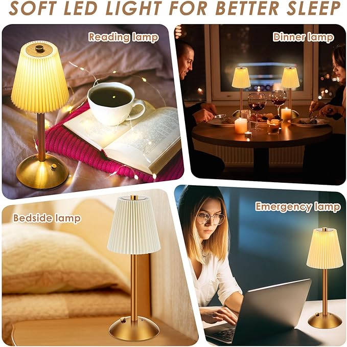 Liliful 1 Pcs Cordless Table Lamp Rechargeable Touch LED Small Gold Portable Battery Operated USB-c Desk Lamp 3 Color Dimmable for Bedroom Living Room Dining (Gold,Beige Cloth Style)