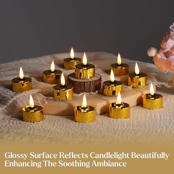 Eywamage Gold Christmas LED Tealights with Remote Batteries, Flickering Flameless Tea Lights Votive Candles Set of 12