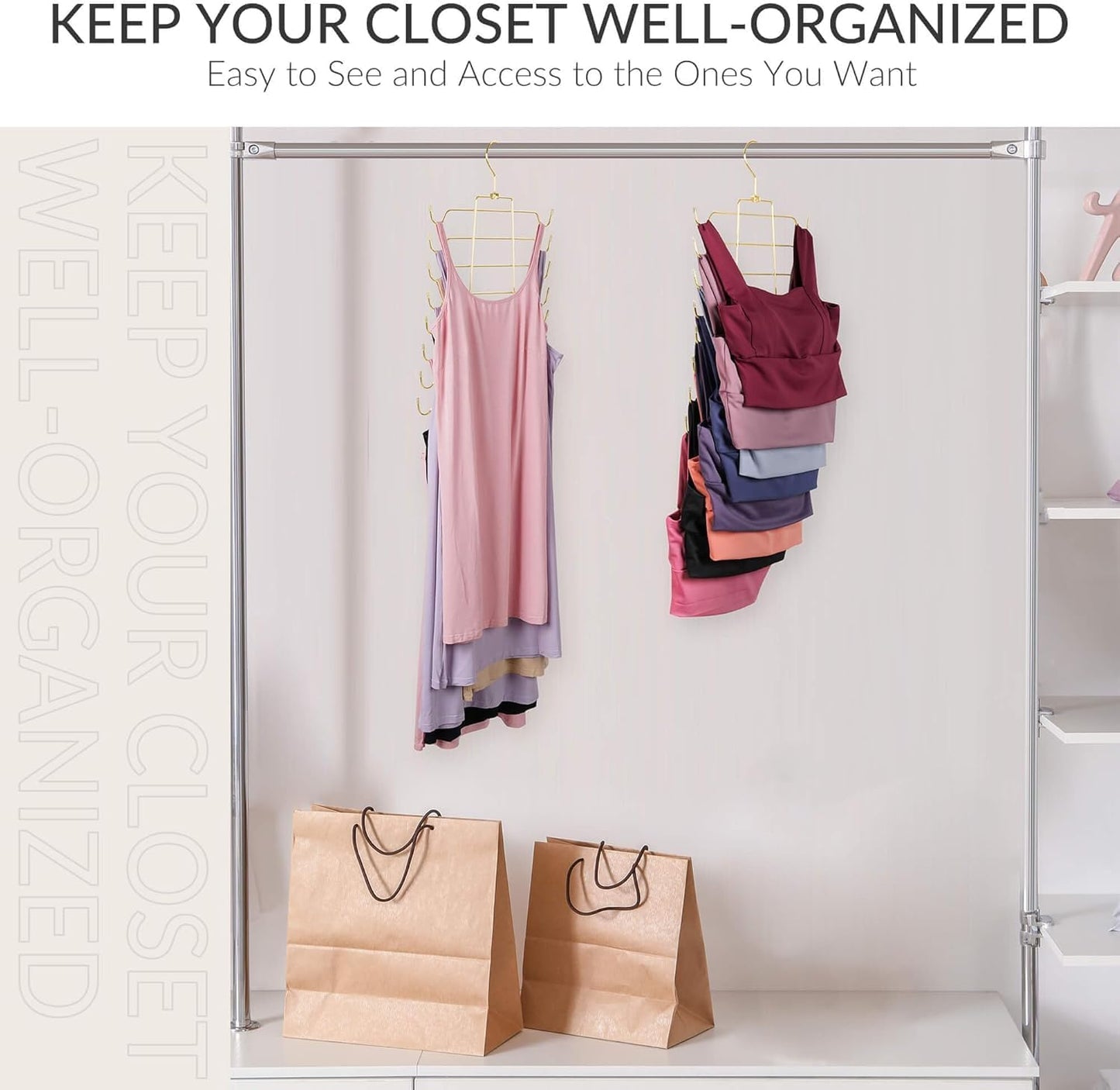 ZEDODIER 3 Pack Tank Top Hanger, Space Saving Bra Hangers, Non-Slip Hanging Sport Bras Holder, Closet Organizers and Storage for Camisoles Tank Tops Bras Ties Swimsuits Strappy Dress, Gold