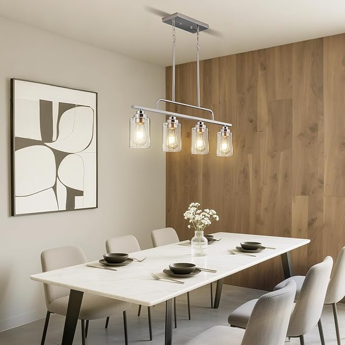 Dining Room Light Fixture - Brushed Nickel 4-Light Farmhouse Chandelier Kitchen Island Lights Fixtures Modern Linear Silvery Chandeliers Hanging Pendant Lighting Over Table