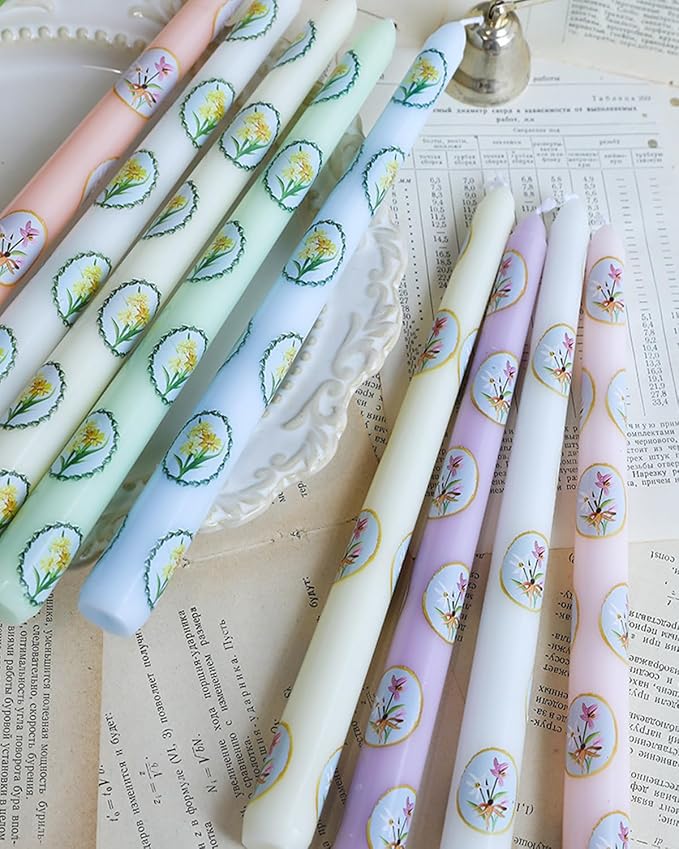 Floral Taper Candle Dripless Colored Tall Candlesticks 10inch Handmade Unscented Long Smokeless Tapered Candle Holiday Party Celebrate-6pcs