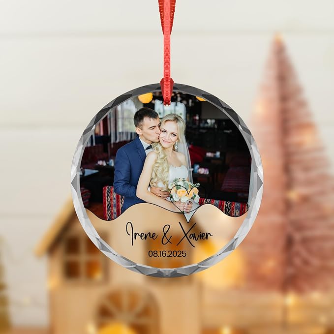Heart Line Couple Ornament β Custom Photo, Names & Date β Acrylic or Glass Personalized Wedding Ornament β Engagement Keepsake Gift