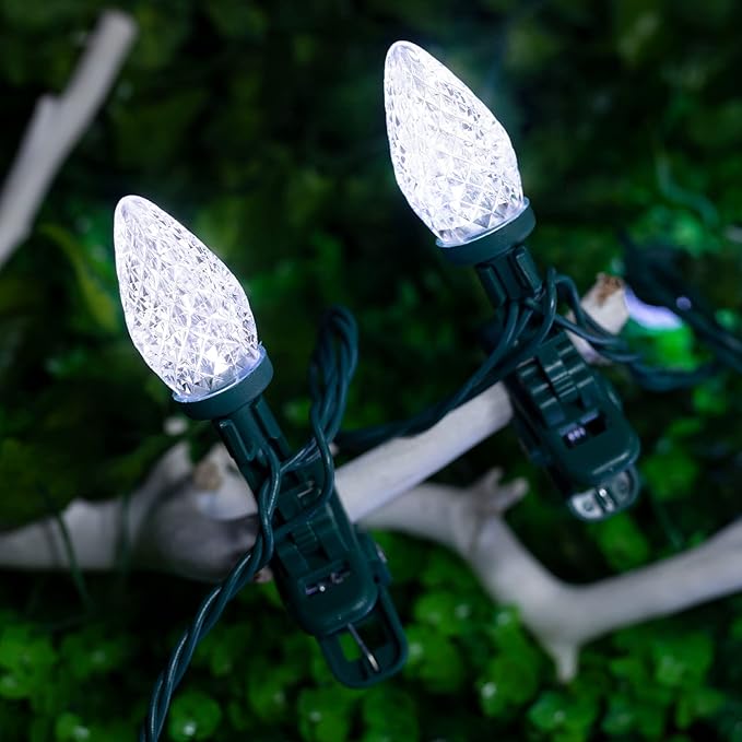 2PACK C9 LED Christmas Lights with 100 Spring Clips, Total 100ft 100 LED Waterproof Strawberry String Lights, Commercial Grade Extendable Perfect for Roofline Patio House Xmas Decor, Pure White