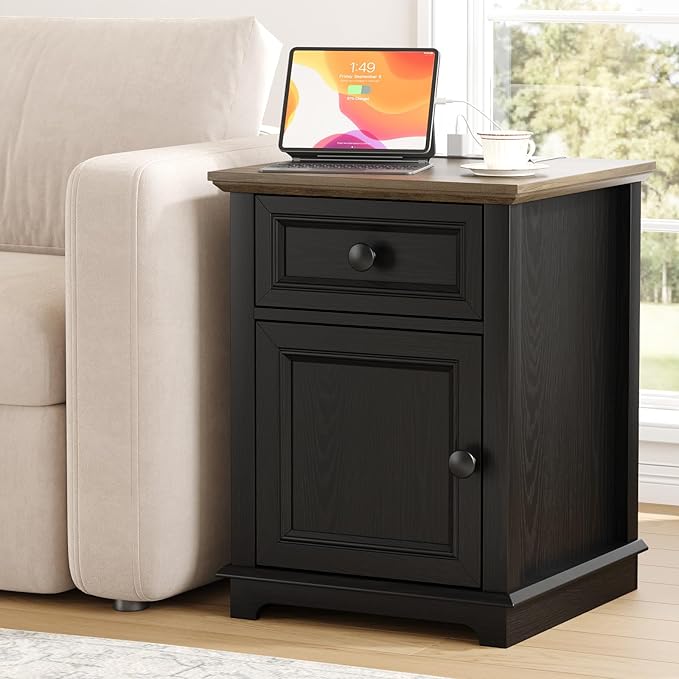 End Table with Charging Station, Fast Charge, End Table with Drawer, Big Storage Side Table for Living Room/Bedroom, Black