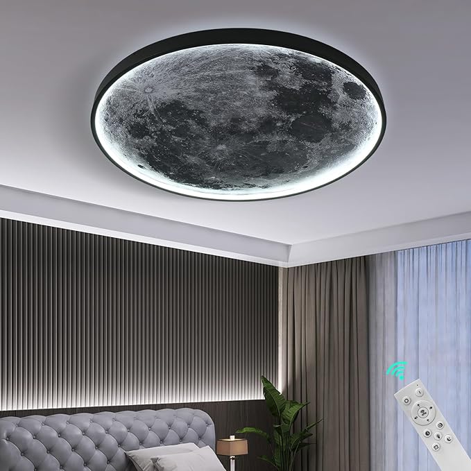 Flush Mount Led Dimmable Ceiling Light Fixture with Remote Control,23.6 "Wall Mounted Decorative Moon Ceiling Light for Bedrooms and Living Rooms.(50W)