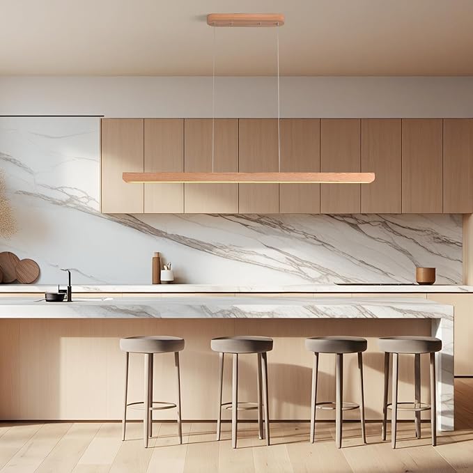 47inch Wood LED Linear Pendant Light, Dimmable Wood Ceiling Lamp,Minimalist Linear Chandelier, 36W Warm Light 3000K, Modern Kitchen Island Dining Room Lighting Natural Adjustable Height