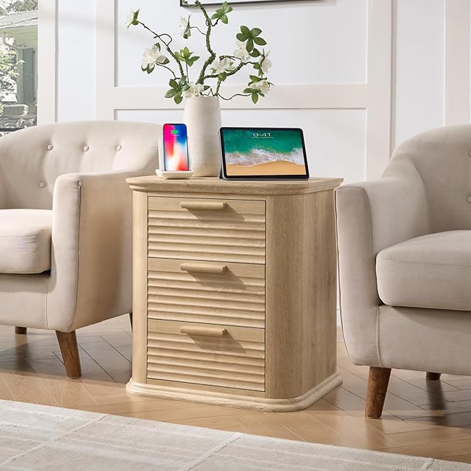 Okvnbjk 22" Wide Fluted Nightstand with Charging Station, Modern End Table for Living Room, Bedroom, Home Office, Wood Curved 3 Drawer Dresser, Large Bedside Tables, Oak