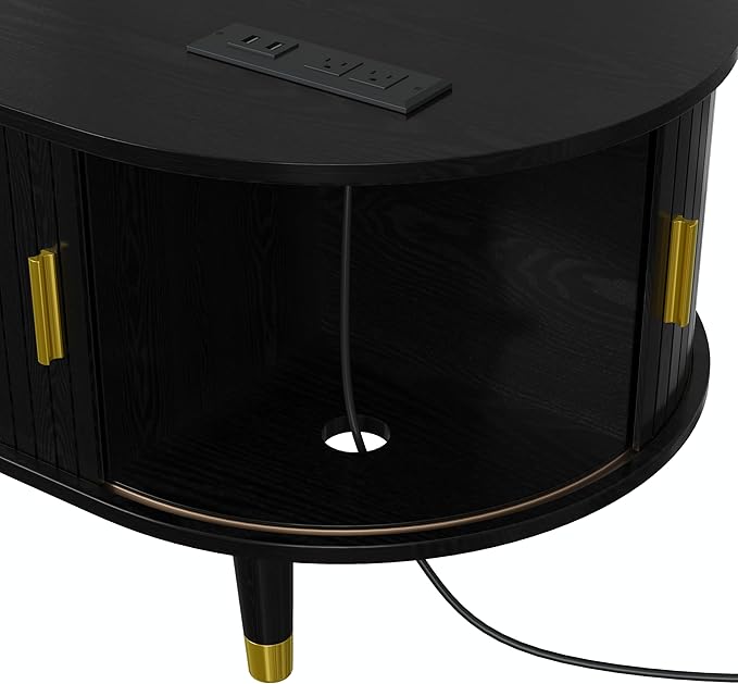 WILLIAMSPACE 42.5" Oval Coffee Table with Storage & Charging Station, Mid-Century Modern Center Table with Sliding Tambour Door, Farmhouse Tea Table with Solid Wood Legs for Living Room, Black