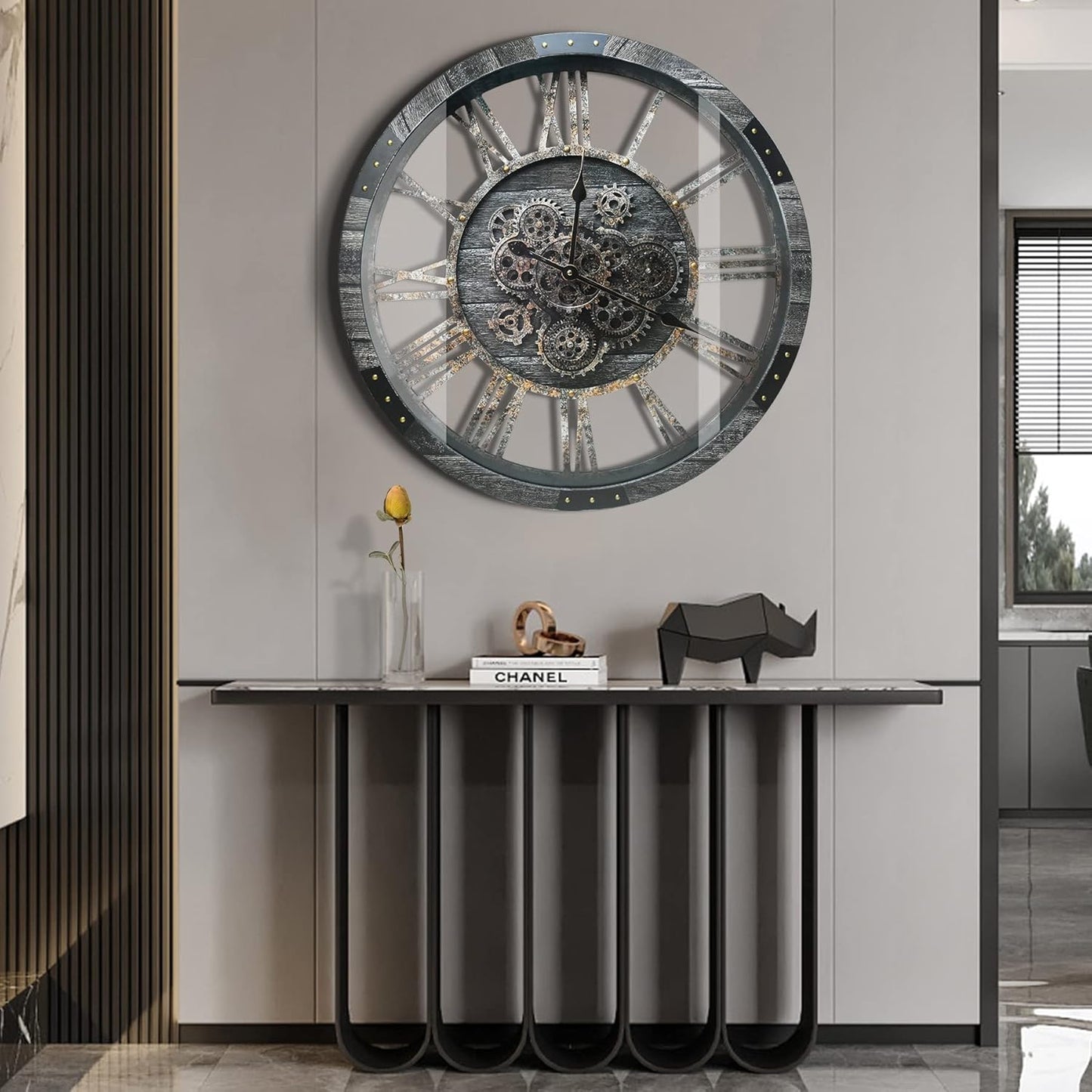 DORBOKER 40" Original Moving Gears Wall Clock, Large Industrial Wall Clock for Living Room Decor,Oversized Wood Vintage Farmhouse Steampunk Rustic Clocks for Wall Decor,Carbon Gray