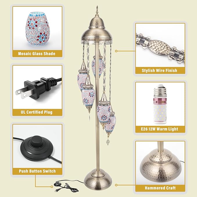 Turkish Floor Lamp, 154CM Moroccan Bohemian Style Living Room Decor, Handcrafted Mosaic Metal Base, Includes 5 Olive Shape Lampshades (XGL Floor-04)