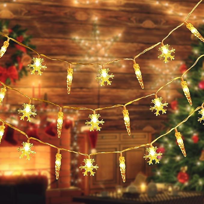 Christmas Icicle Light,19.6ft 40 LED Warm White Icicle Snowflake String Lights Indoor, Hanging Icicle Christmas Lights for Eave Holiday Garden Indoor Outdoor Xmas Decorations