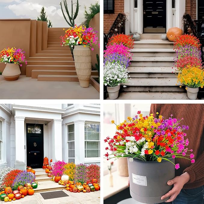 Plastic Artificial Flowers 10 Bundles Outdoor Artificial Fake Flowers Faux Plastic Shrubs Plants No Fade for Outdoor Porch Farmhouse White