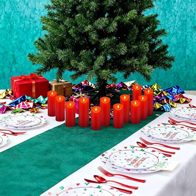 24-Pack Red Flameless LED Candles with Remote - Realistic Flickering Battery - Operated Pillar Candles for Christmas, Home Decor, Weddings, Parties.