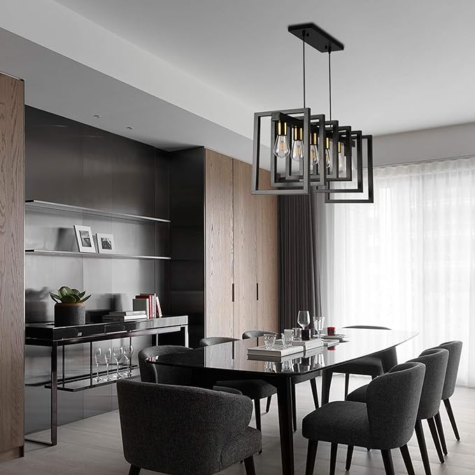 SomSom Modern Kitchen Island Light Pendant Chandelier 6-Light Ceiling Light Industrial Pendant Lighting Fixture Matte Black with Antique Brass Finish