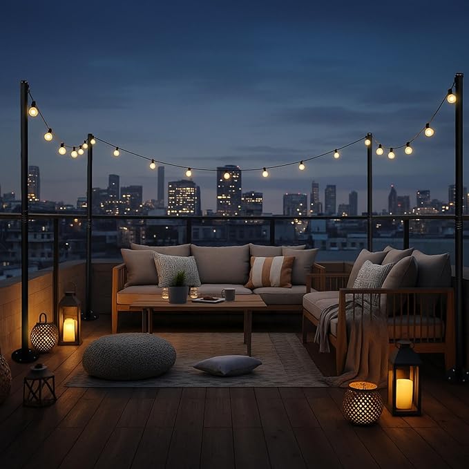 4 Pack 10 Ft String Light Poles for Outdoor String Lights, Heavy Duty Metal Outdoor Light Poles for Deck, Backyard, Garden, Patio, Wedding, Party