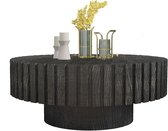 WILLIAMSPACE 31.4" Round Coffee Table for Living Room, Modern Wood Drum Center Table, Accent Side Tea Table for Apartment, Natural Wood Texture, Stable & Durable, Easy to Assemble - Black