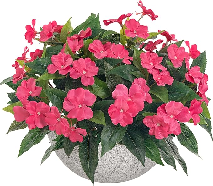 Artificial Impatiens Bouquet Flowers for Outdoors Silk Faux Flowers for Outdoor Impatiens Plants Decor Indoor Planters Kitchen Planters and Balcony Decorations 2PCS(Rose Red)