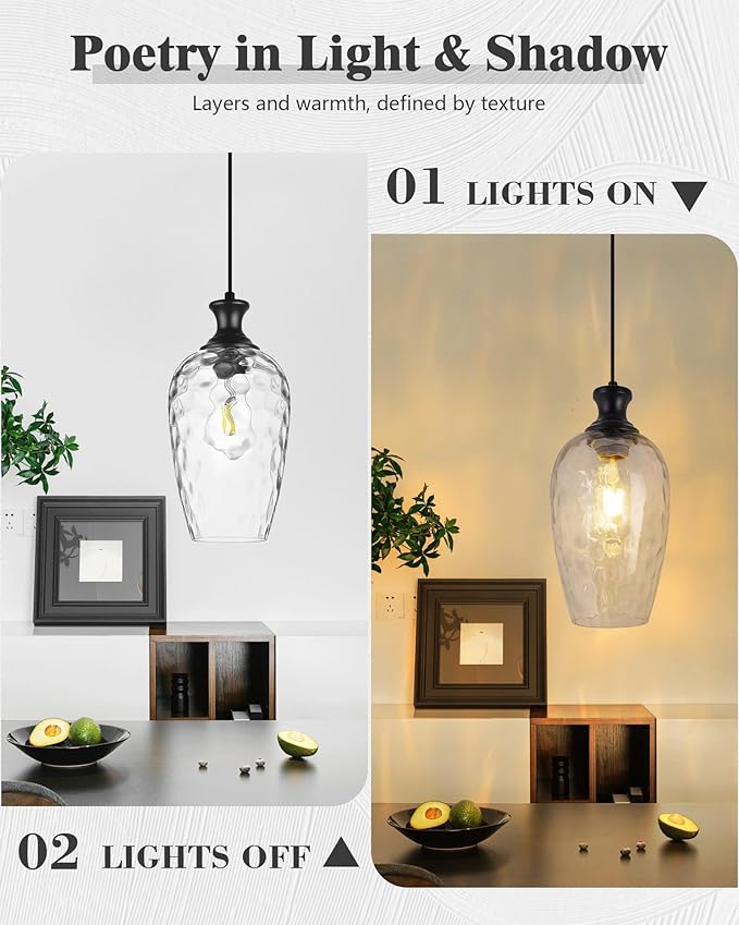 2-Pack Black Pendant Lights Kitchen Island, Modern Farmhouse Hanging Ceiling Lights with Hammered Glass for Dining Room Kitchen Sink