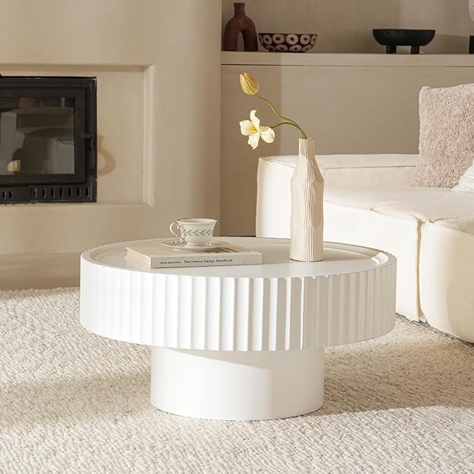 Round Coffee Table with Storage, 30.3” Fluted Drum Modern Living Room Table, Circle Wood White Center Tables, Mushroom Shape Coffee Tables for Living Room, Apartment(30.3''L×13.7''H)