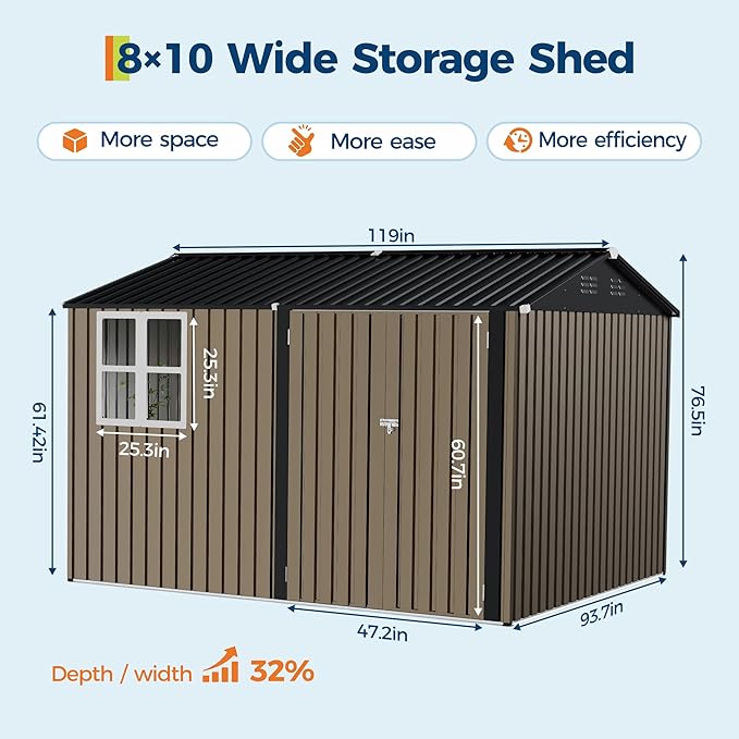 8x10 FT Outdoor Storage Shed,Metal Tool Shed with Clear Window, Lockable Doors,Large Garden Storage Box with Sloping Roof,Sheds&Outdoor Storage for Backyard Garden Patio Lawn, Brown