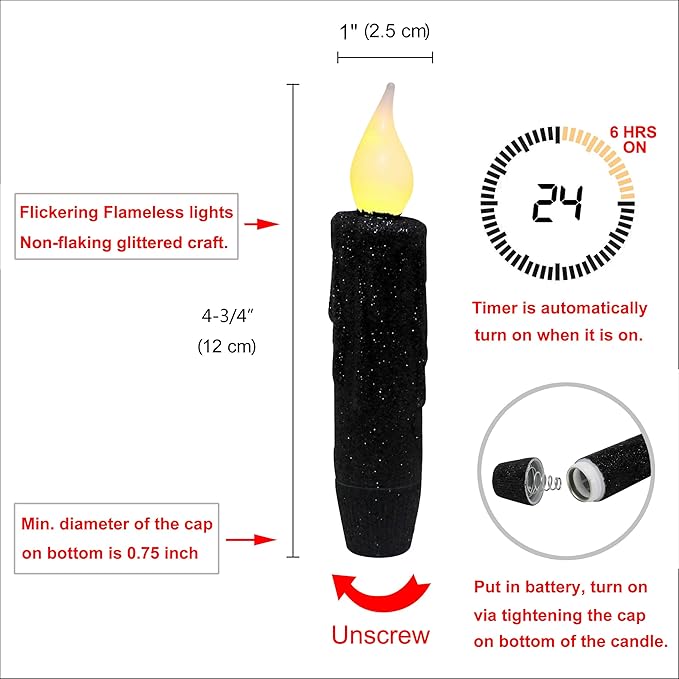 CVHOMEDECO. Glitter Flameless Candles Flickering Battery Operated LED Taper Candles with Timer for Home, Wedding, Halloween, Christmas Decor. Black, 4-3/4 Inch, Set of 6