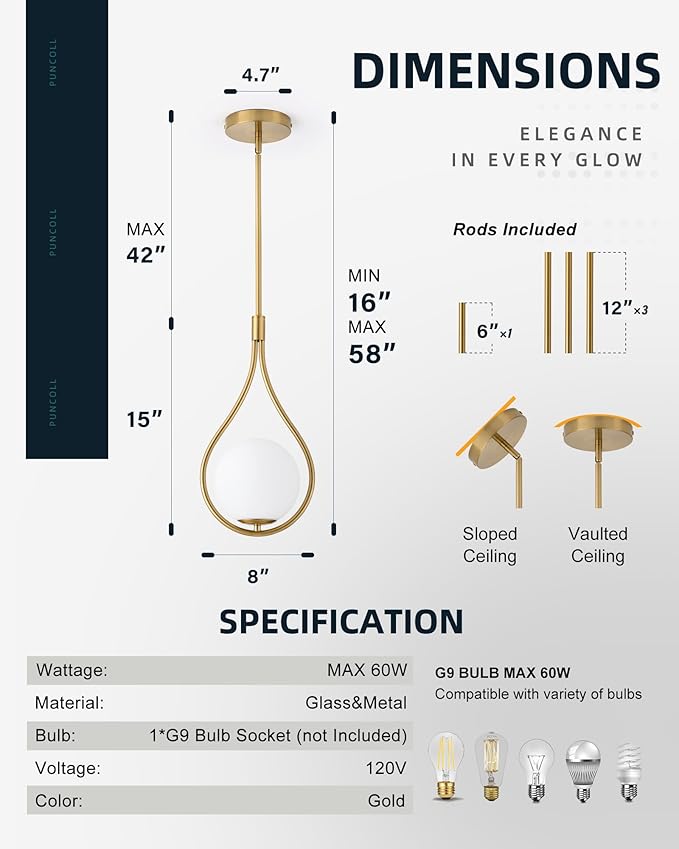 Gold Pendant Lights, 1-Light Pendant Lights Kitchen Island in Brushed Gold Finish with Milky White Globe Glass, Mid Century Pendant Light Fixtures, H9377 MGBG