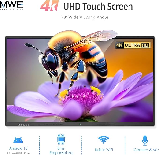 65" Smart Board for Classroom Office Home, All-in-One 4K Interactive Whiteboard, Digital Electronic Smartboard with 20 Point Touchscreen, Android 13, 8+128G (Wall Mount Included)