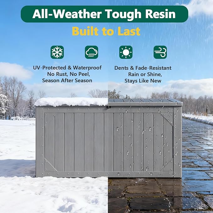 Outdoor Storage Box, 100 Gallon Deck Box Outdoor Storage Bench Outside Waterproof Resin Storage Bench, Lockable Patio Cushions, Garden Tools Storage For Furniture, UV Resistant (Gray)