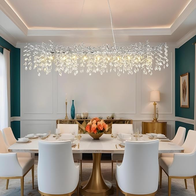 YUYI 71" Silver Chandelier, 20-Light Modern Crystal Tree Branch Chandelier, Luxury Rectangular Chandeliers for Dining Room, Kitchen Island, Living Room, Contemporary K9 Crystal Raindrop Light Fixture