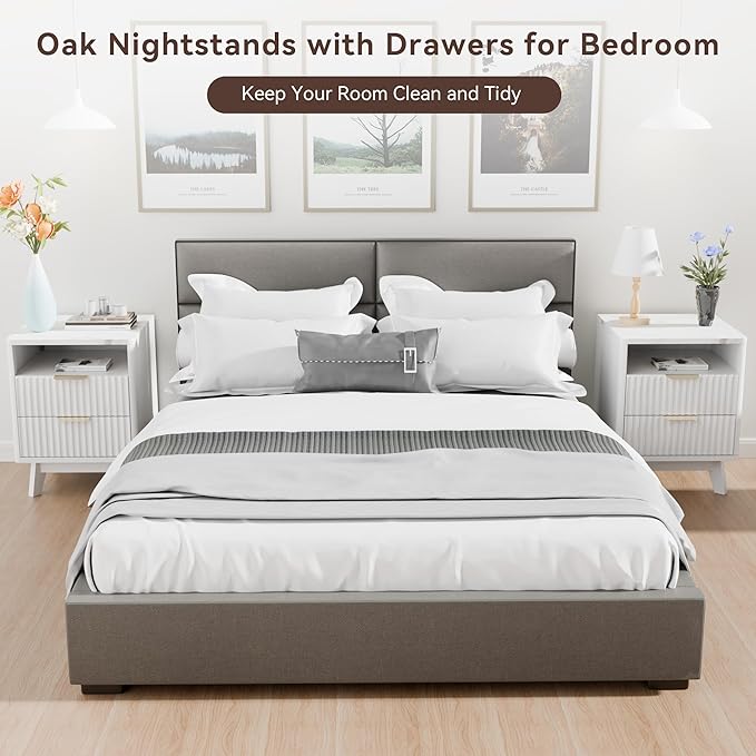 White Nightstand with 2 Drawers, 18" Modern Night Stand with Faux Marble Top, Open Storage Shelf, Fluted Bedside Table for Bedroom, End Table Side Table