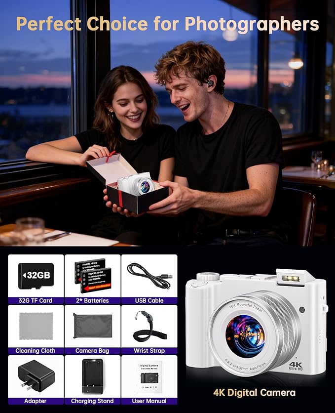 4K Digital Camera for Photography - 64MP Autofocus Vlogging Camera for YouTube with Dual-Lens - 16X Digital Zoom Anti Shake 3'' Selfie Compact Camera with Flash, 2 Batteries, Charging Stand-White