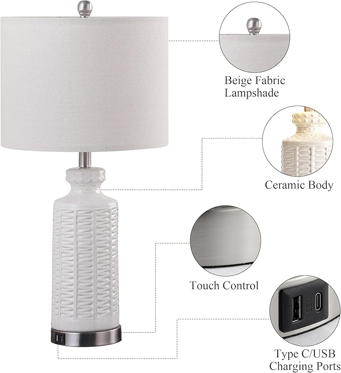 28" White Table Lamps Set of 2, Ceramic Lamps for Living Room with 2 USB Charding Ports, Modern Bedroom Lamps for Nightstand, 2 LED Bulbs Included