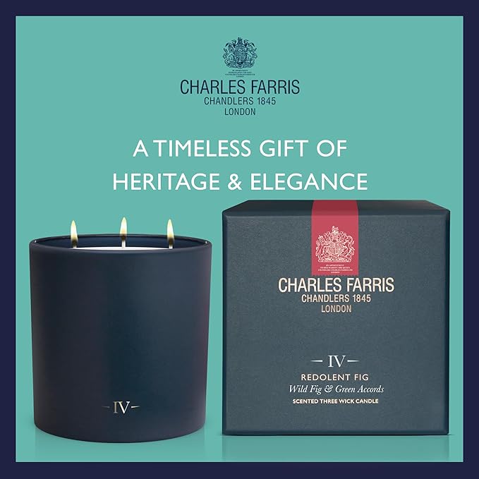 Charles Farris Luxury Scented Candle – 3 Wick, Hand-Poured, Long Lasting, Clean Burning, 640g / 22.5oz, Up to 80 Hours of Burn Time, Made in England – Wild Fig & Green Accords – Redolent Fig
