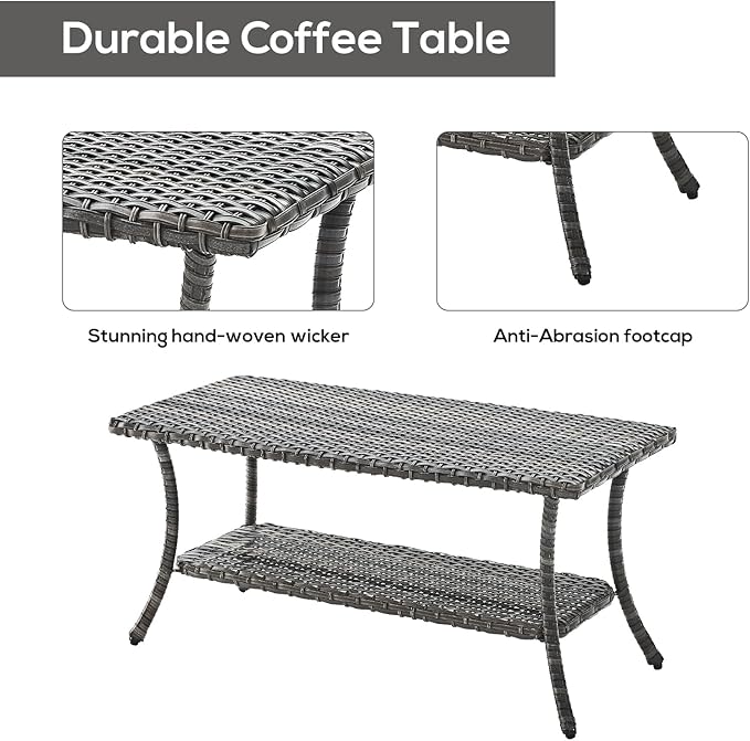 Rilyson Patio Tables Outdoor Coffee Table - Wicker Rattan Coffee Tables with 2-Tier Storage Shelf Side Table for Porch Deck Balcony Garden Outside Rectangle Mixed Grey