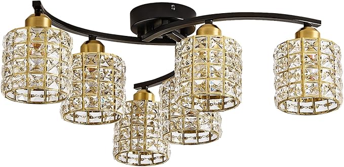 6-Light Ceiling Light Fixtures,Crystal Semi-Flush Fixture,Black & Gold Farmhouse Ceiling Light, Luxury Flush Mount Lighting for Dining Room, Living Room, Kitchen Island