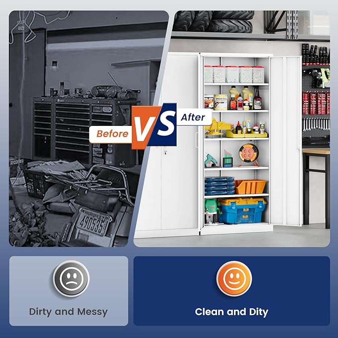 Yizosh Metal Garage Storage Cabinet with 2 Doors and 5 Adjustable Shelves - 71" Steel Lockable File Cabinet,Locking Tool Cabinets for Office,Home,Garage,Gym,School (White)